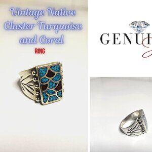 Vintage Cluster Turquoise and Red Coral Native Sterling Silver Ring